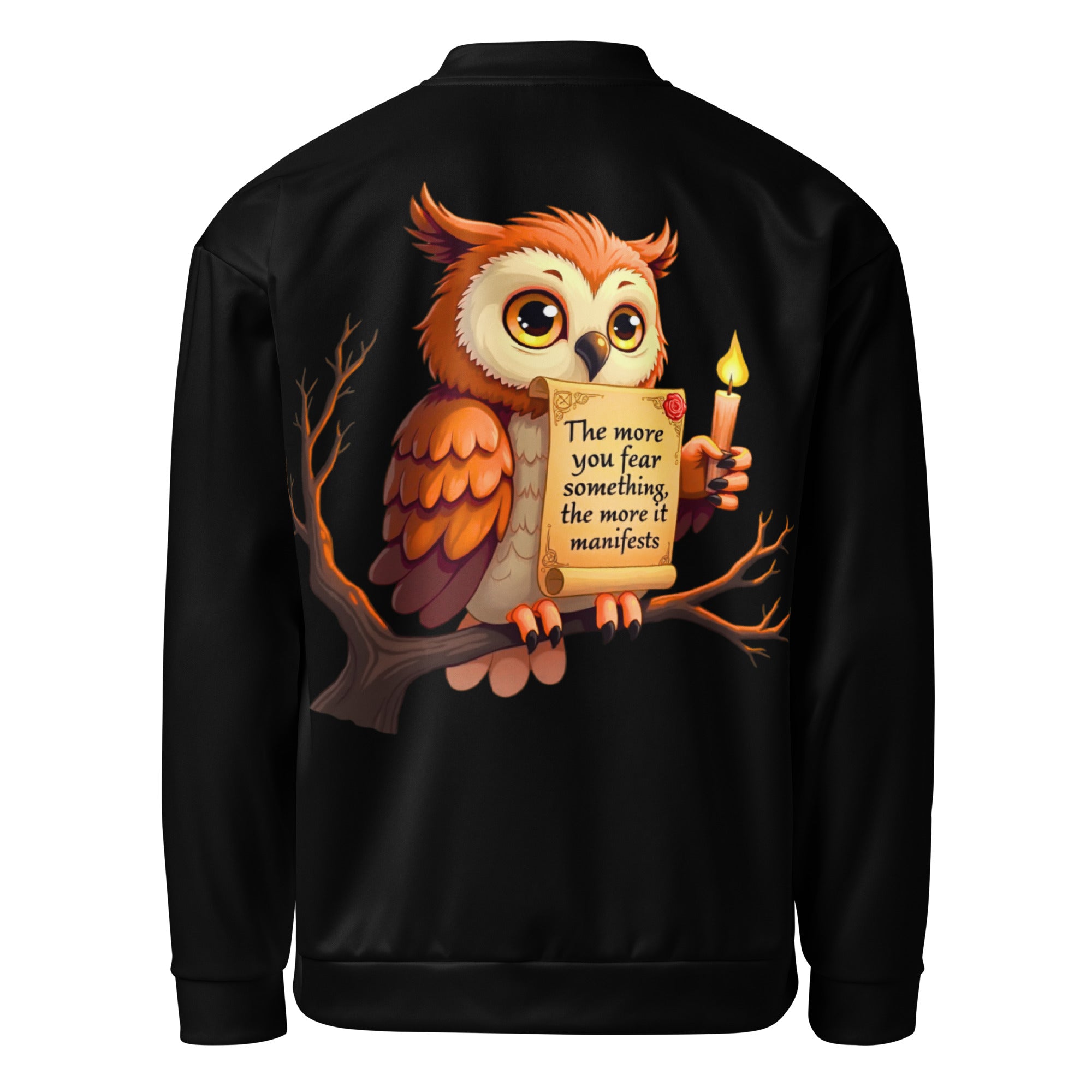 Back view of Apparelhue unisex bomber jacket with detailed owl feather pattern.