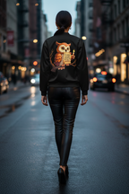 A woman viewed from behind walking down a wet city street at dusk, wearing a black bomber-style jacket with a large owl graphic on the back and black leather-look pants.
