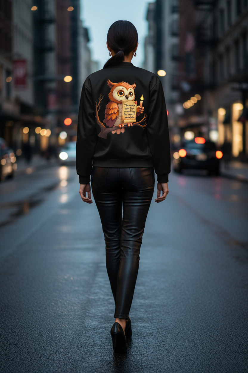 A woman viewed from behind walking down a wet city street at dusk, wearing a black bomber-style jacket with a large owl graphic on the back and black leather-look pants.