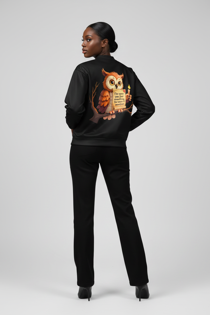 Woman wearing a black jacket with an owl design on the back against a gray background