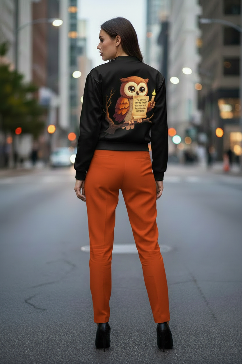 A woman stands on a city street facing away from the camera, wearing a black bomber-style jacket with a large owl graphic on the back and bright orange pants.