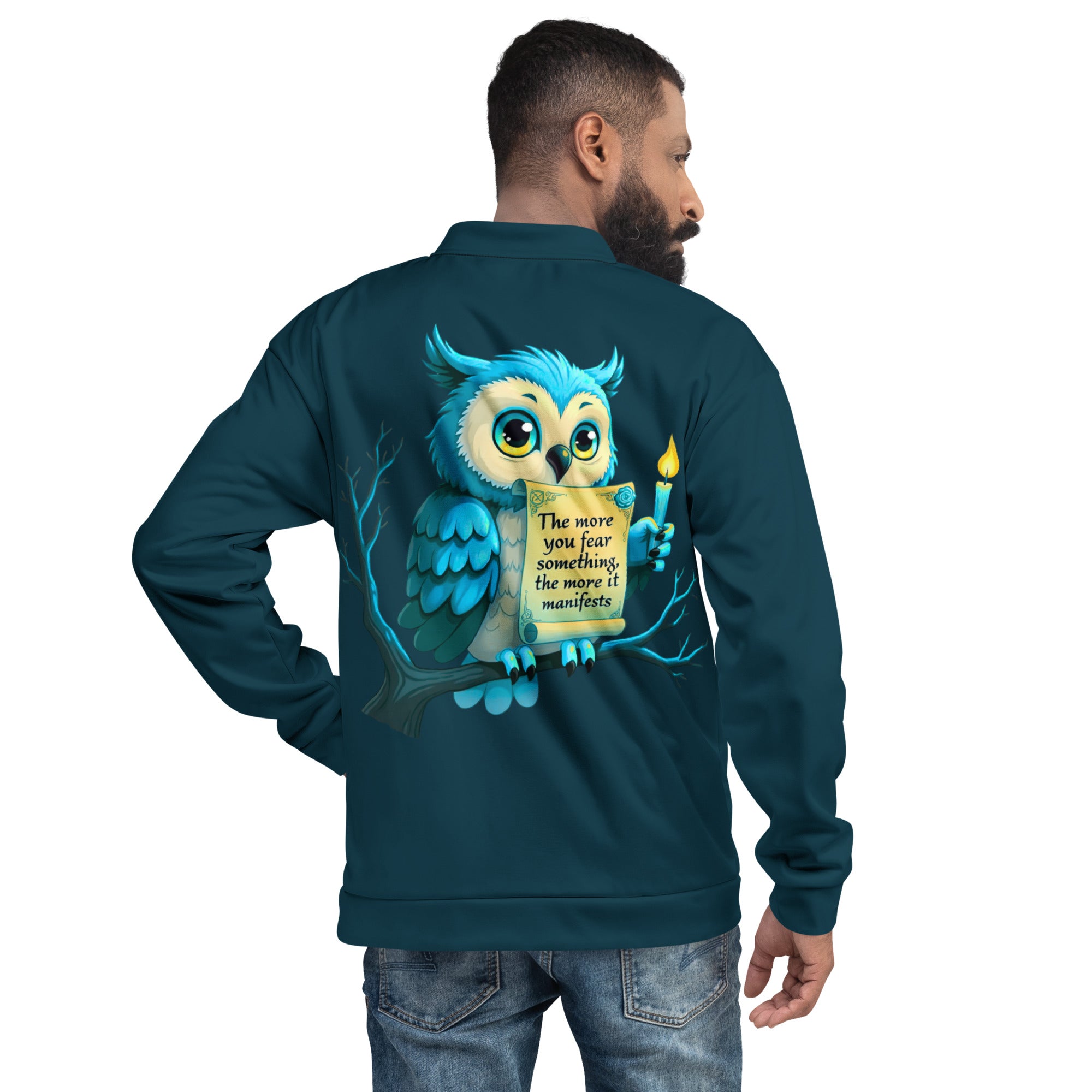 Model wearing owl print bomber jacket casual outfit look