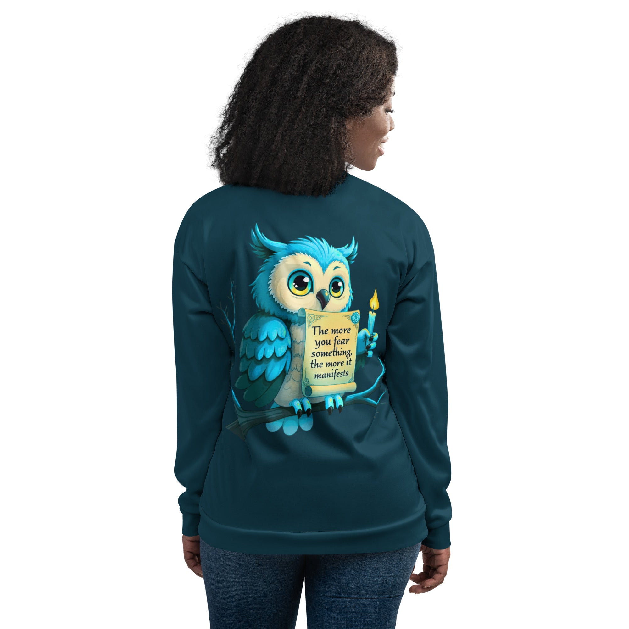 Bomber jacket on hanger showcasing owl art front and back