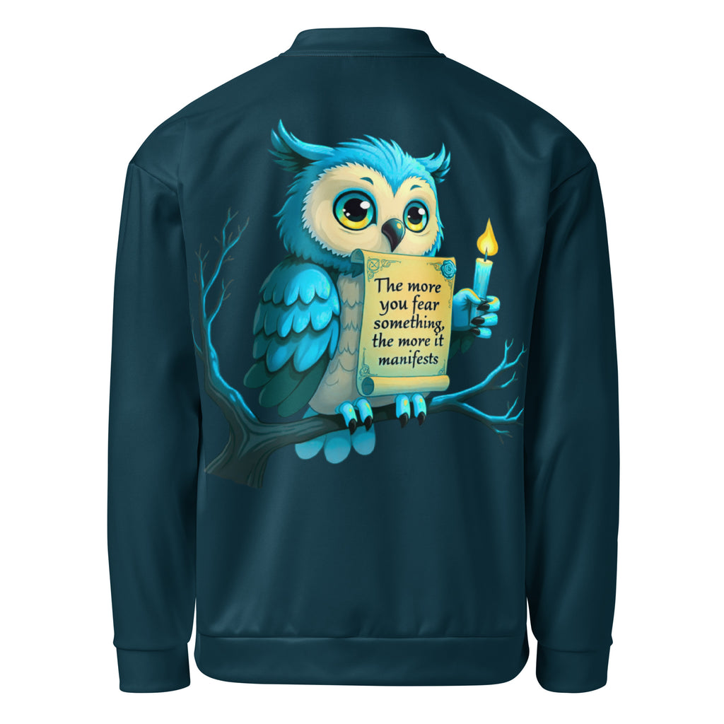 Back view owl quote bomber jacket streetwear art outerwear 