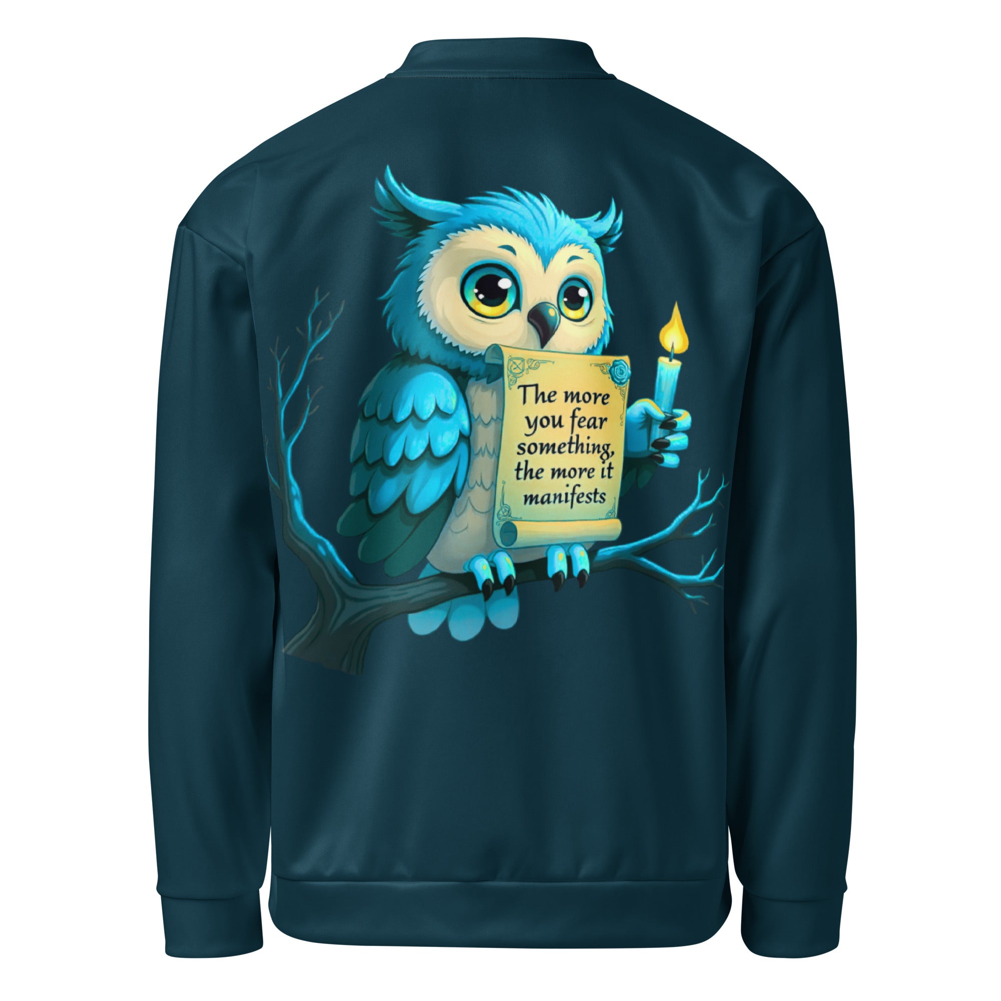 Back view owl quote bomber jacket streetwear art outerwear 