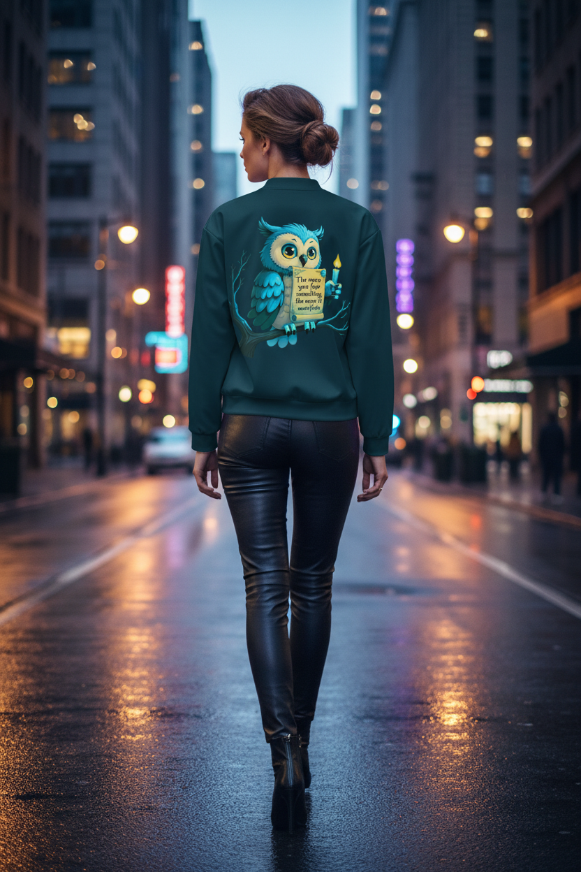 A woman viewed from behind walking down a wet city street at dusk, wearing a dark green crewneck sweatshirt with a large colorful owl graphic and text on the back, paired with black leather pants and black ankle boots.