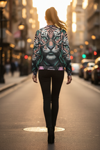Person wearing a tiger-print sweater walking on a city street.