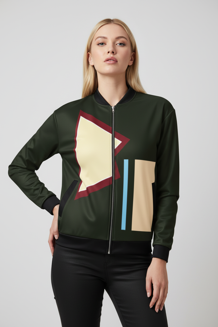 Woman wearing a green bomber jacket with geometric patterns on a light gray background