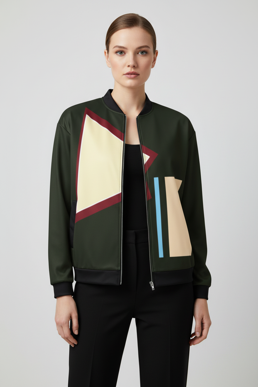 Woman wearing a modern jacket with geometric design on a plain background