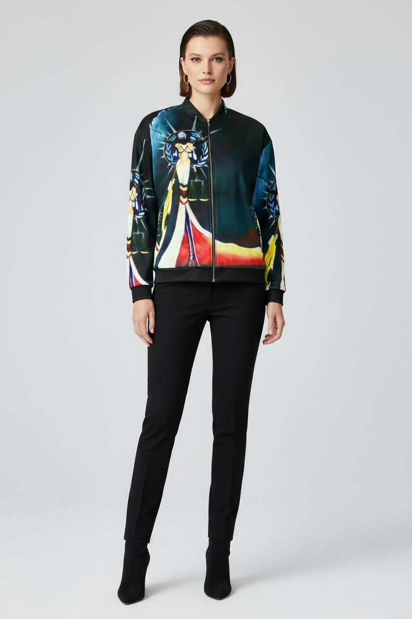 Woman wearing a colorful jacket with a graphic design on a white background