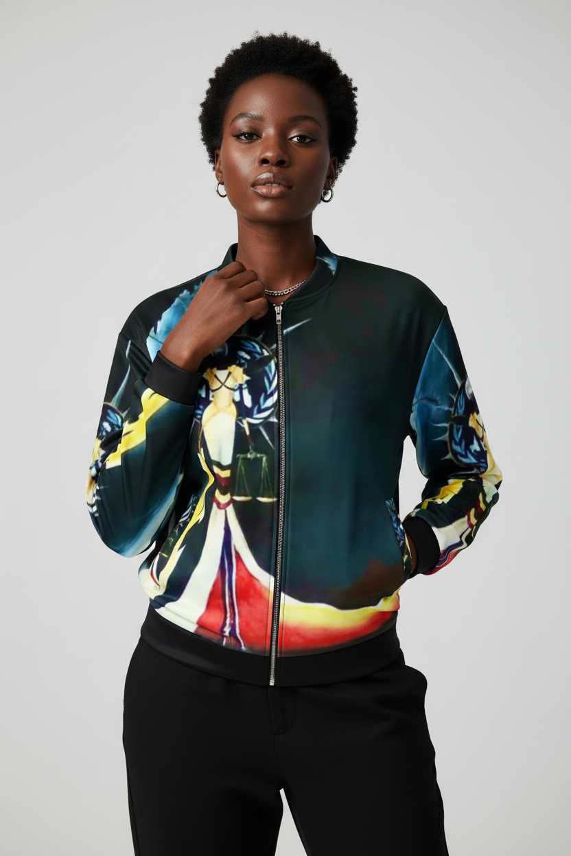 Person wearing a colorful jacket with a brand logo on a plain background