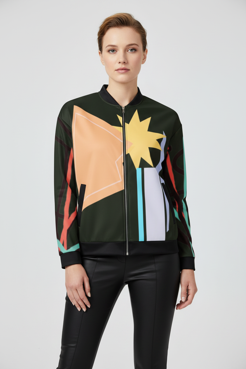 Person wearing a colorful jacket with geometric patterns on a white background