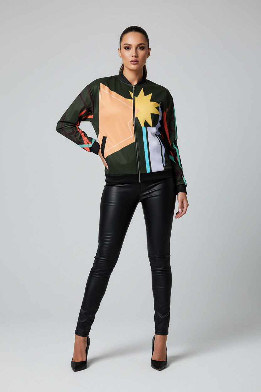 Woman wearing a colorful jacket with geometric patterns on a gray background