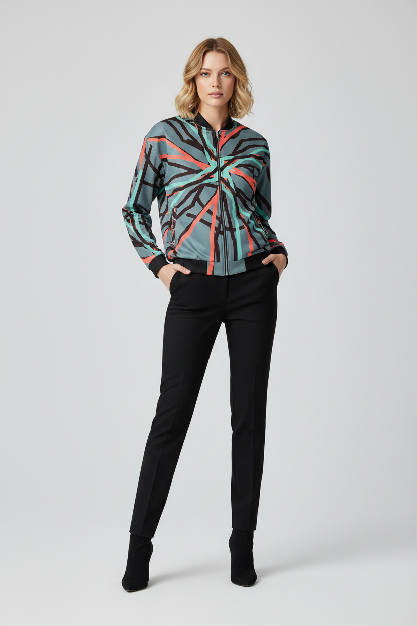Woman wearing a patterned shirt and black pants on a white background