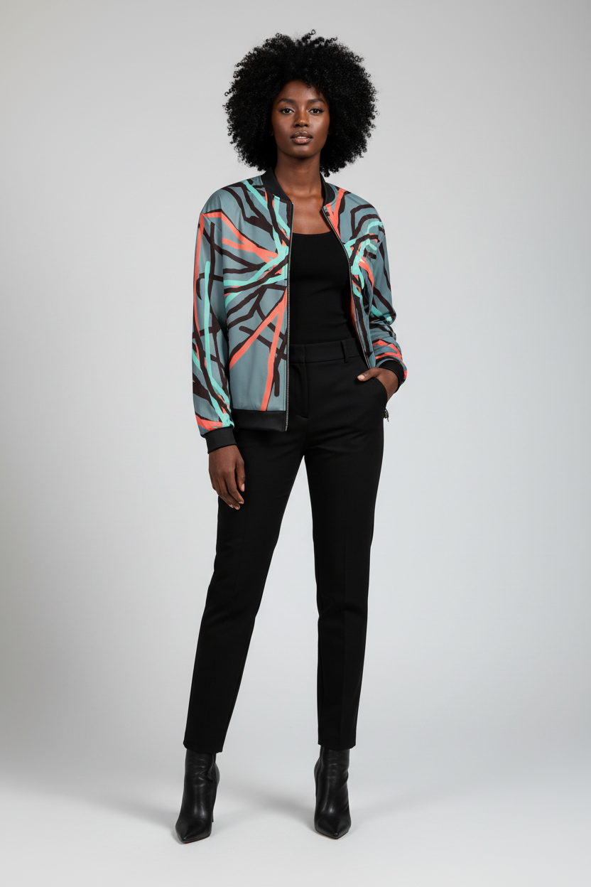 Person wearing a colorful patterned jacket on a plain background