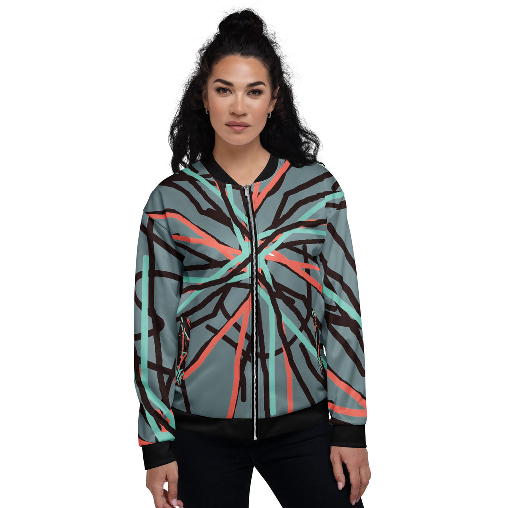 Full-length view of the unisex abstract art bomber jacket showing the classic silhouette and elasticised hem.
