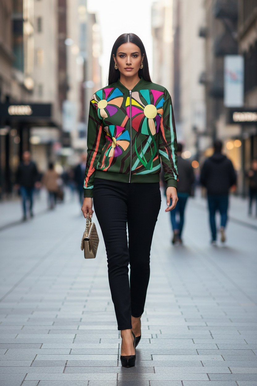 Woman in a colorful jacket walking down a city street
