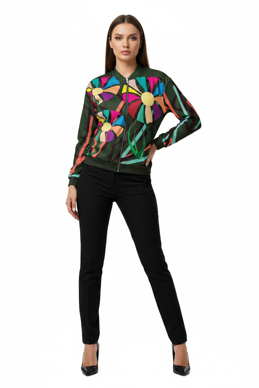 A model wearing a dark green bomber jacket with a vibrant, multicolored abstract floral print, paired with black pants and black heels, on a solid white background.