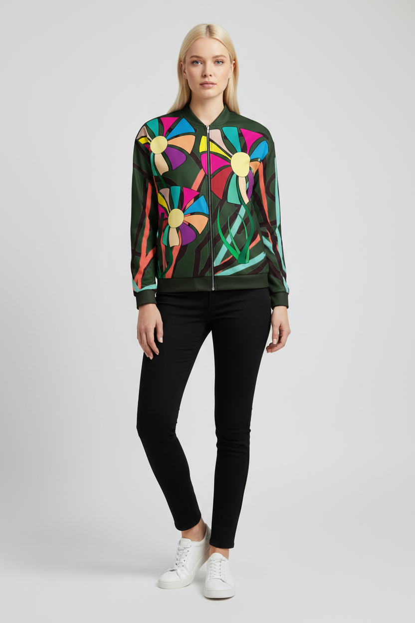 Woman wearing a colorful floral jacket with black pants on a white background