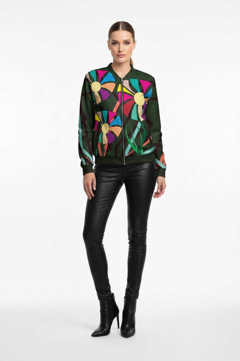 Woman wearing a colorful jacket with abstract patterns on a white background