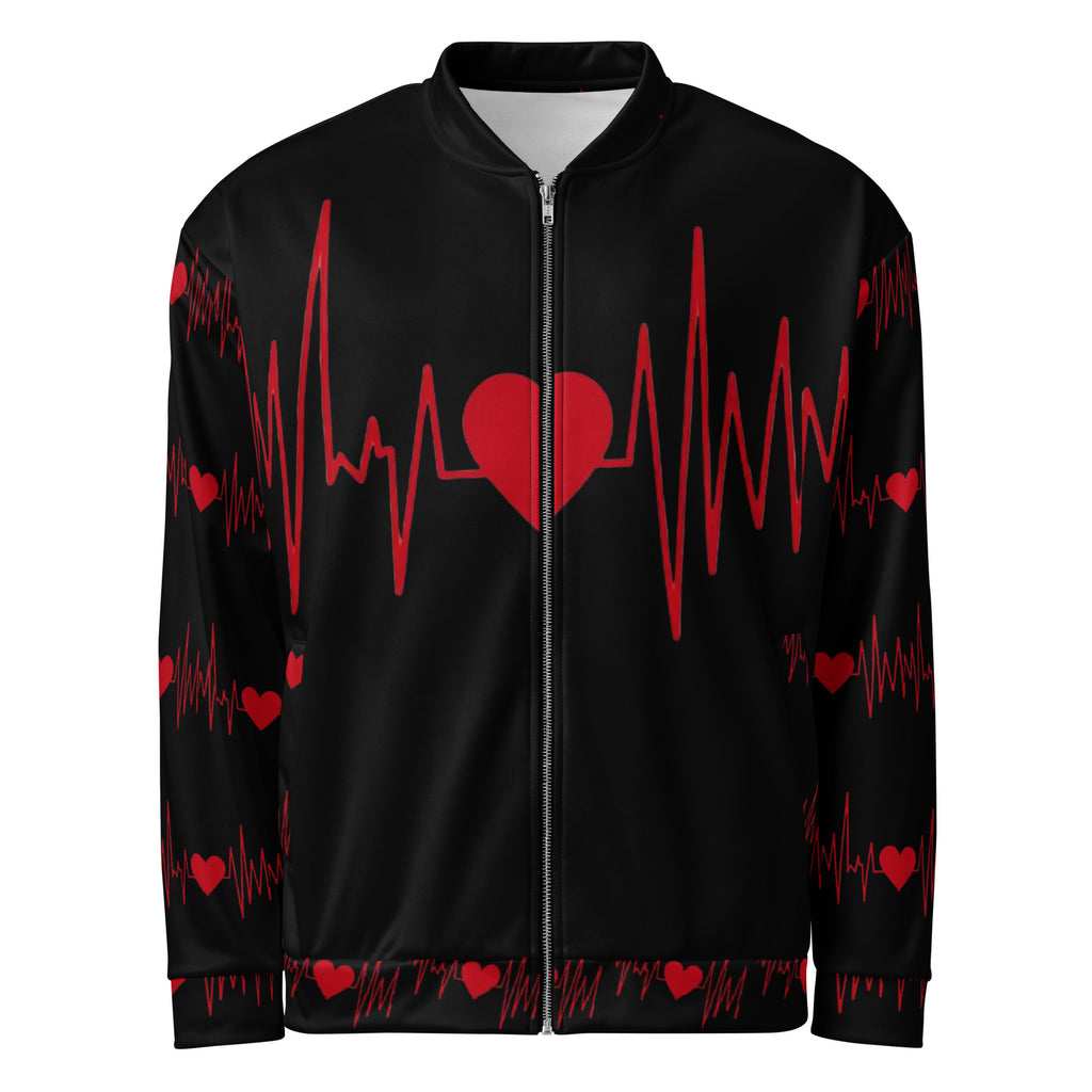 Front view of a black bomber jacket featuring a red pulse graphic and central heart.