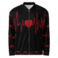 Front view of a black bomber jacket featuring a red pulse graphic and central heart.