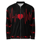 Front view of a black bomber jacket featuring a red pulse graphic and central heart.