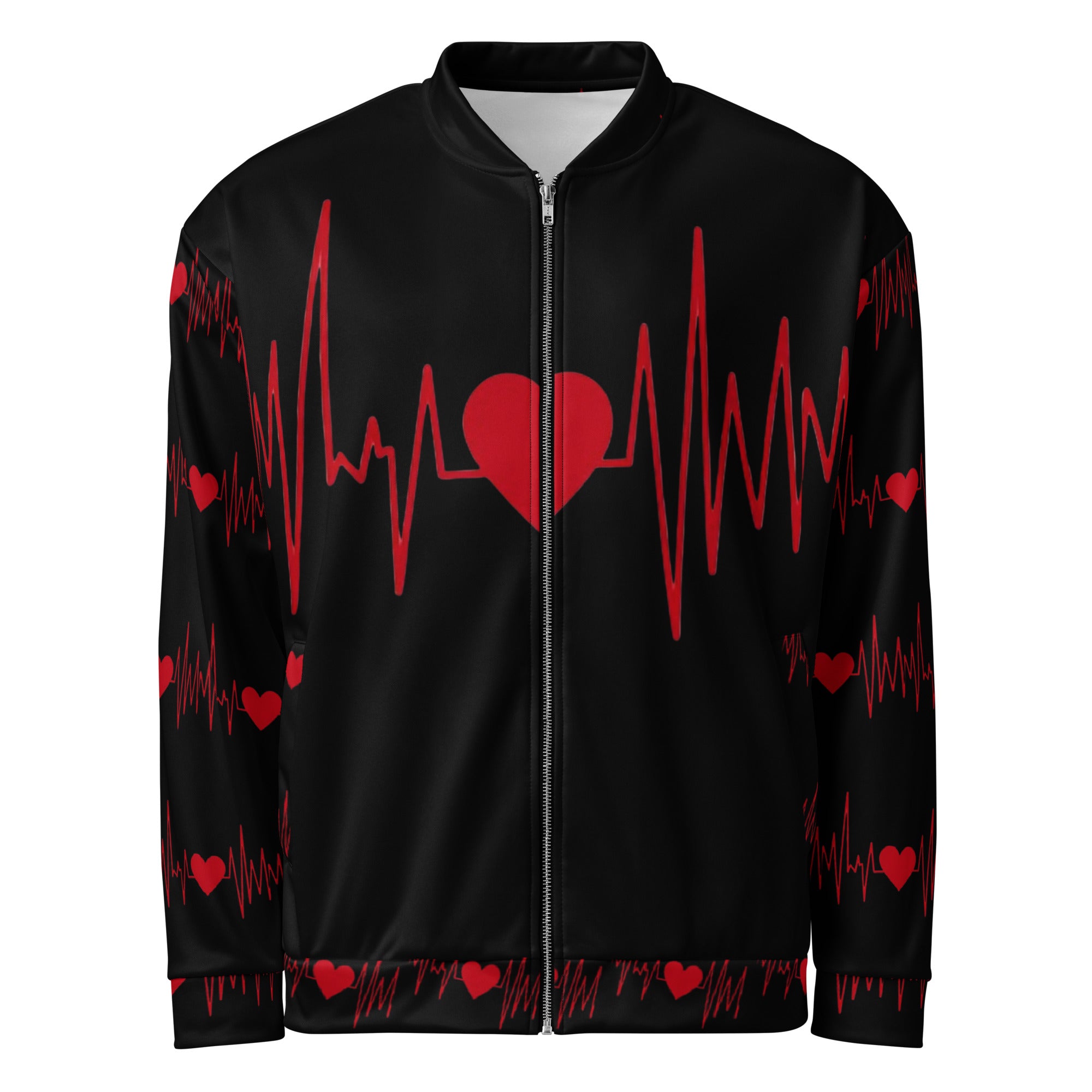 Front view of a black bomber jacket featuring a red pulse graphic and central heart.