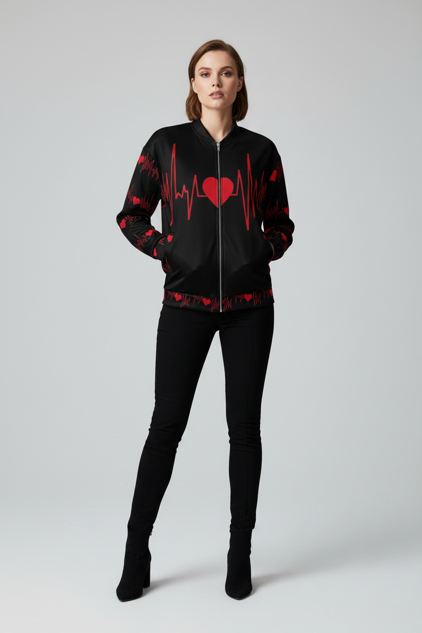 Woman wearing a black bomber jacket with red heart and pulse design on a gray background