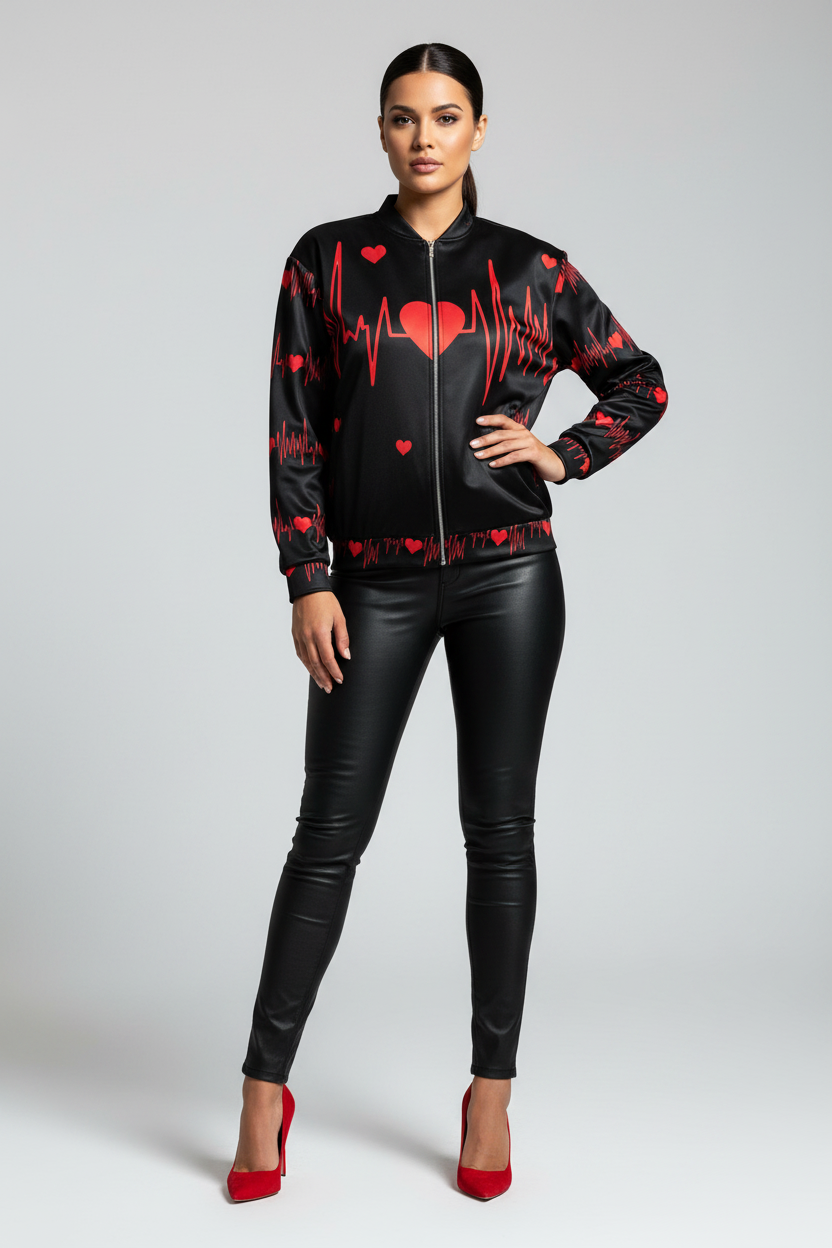 Woman wearing a black jacket with red heart designs and black leather pants on a gray background