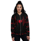 Lightweight black jacket for men and women with a red medical pulse aesthetic.