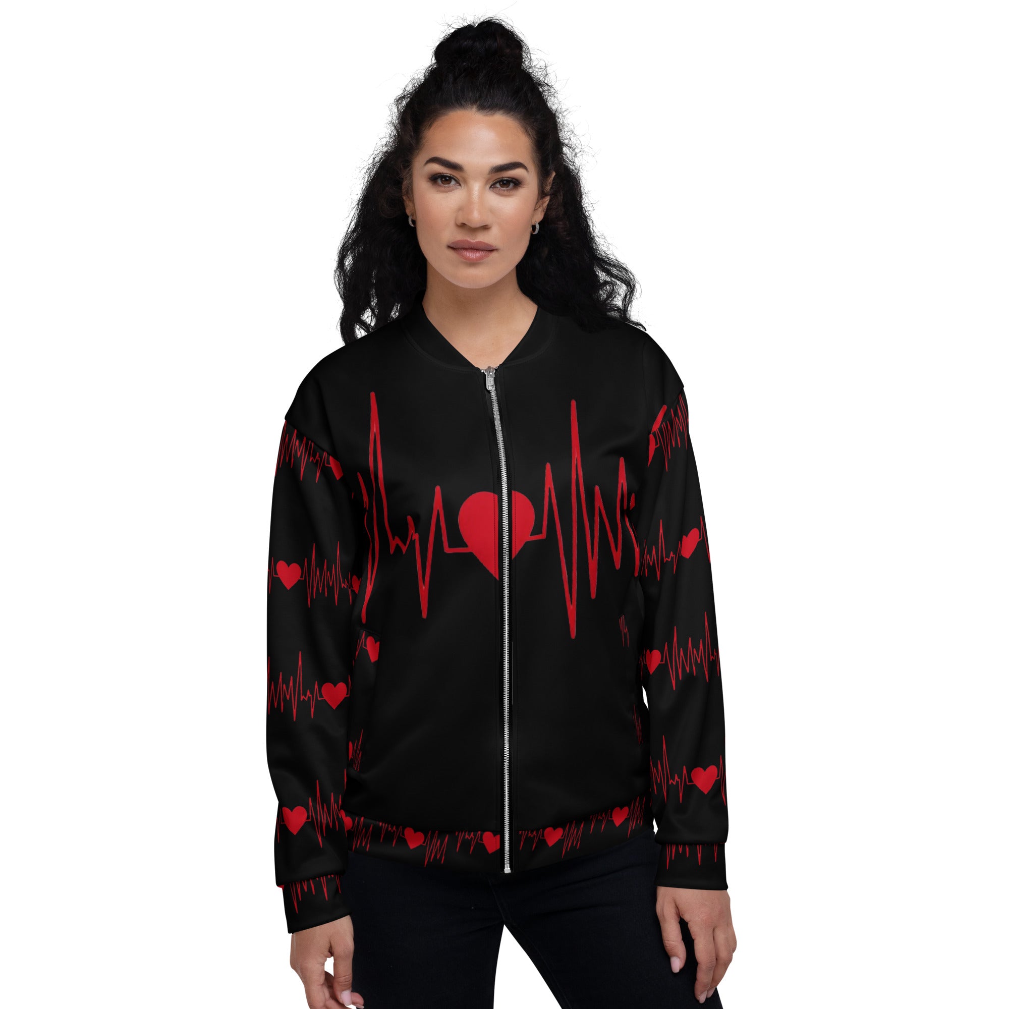 Lightweight black jacket for men and women with a red medical pulse aesthetic.