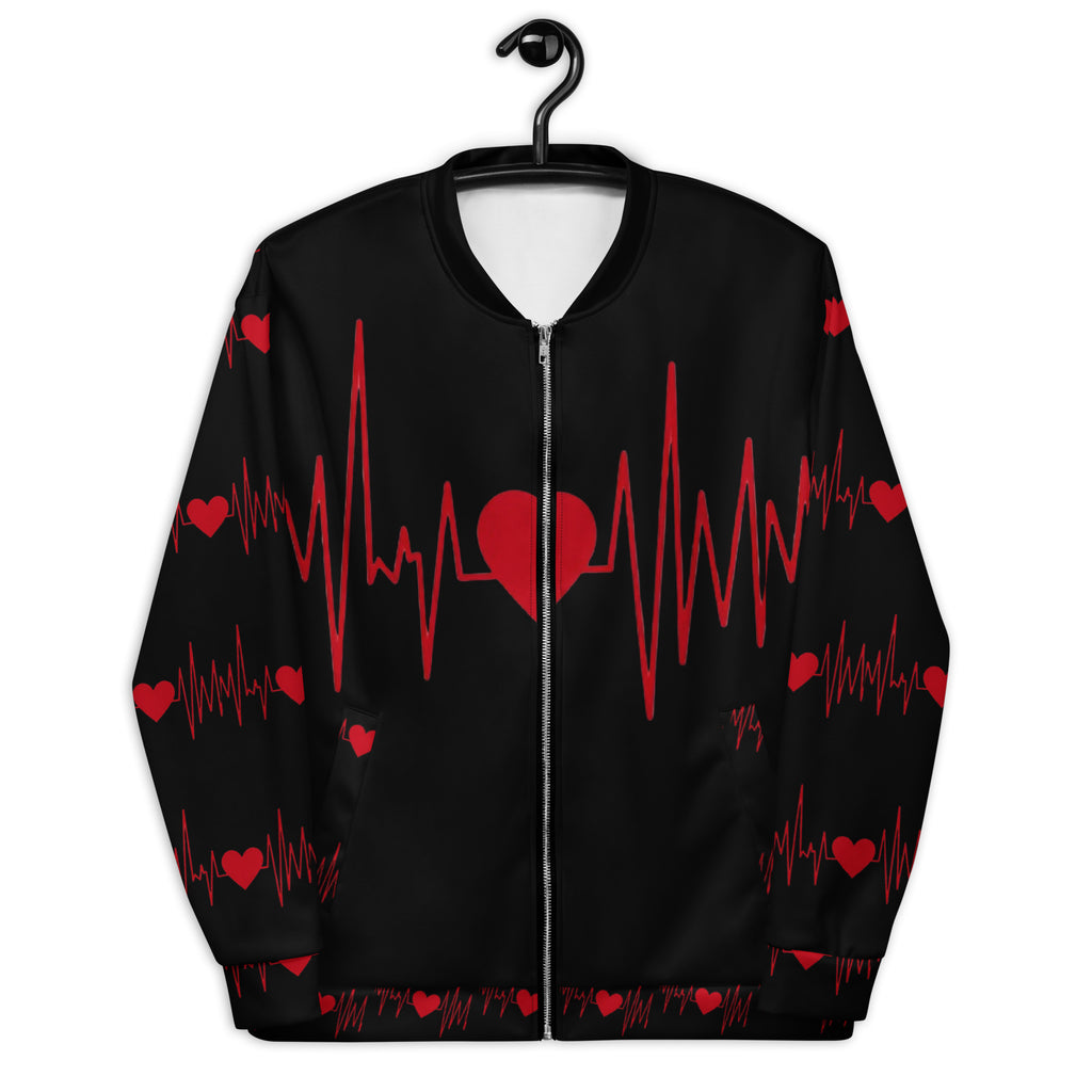 Close-up of the silver YKK zip on a black heartbeat themed all-over print jacket.