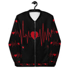 Close-up of the silver YKK zip on a black heartbeat themed all-over print jacket.