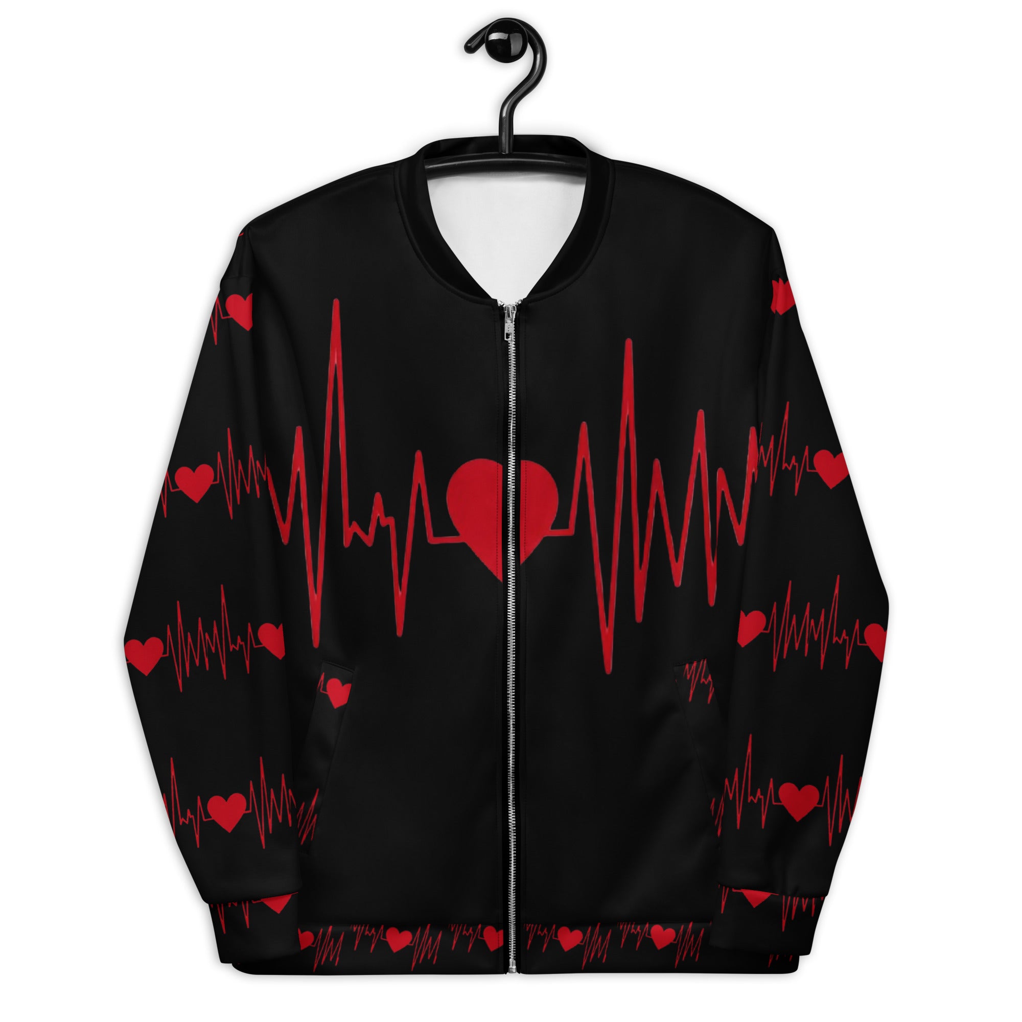 Close-up of the silver YKK zip on a black heartbeat themed all-over print jacket.
