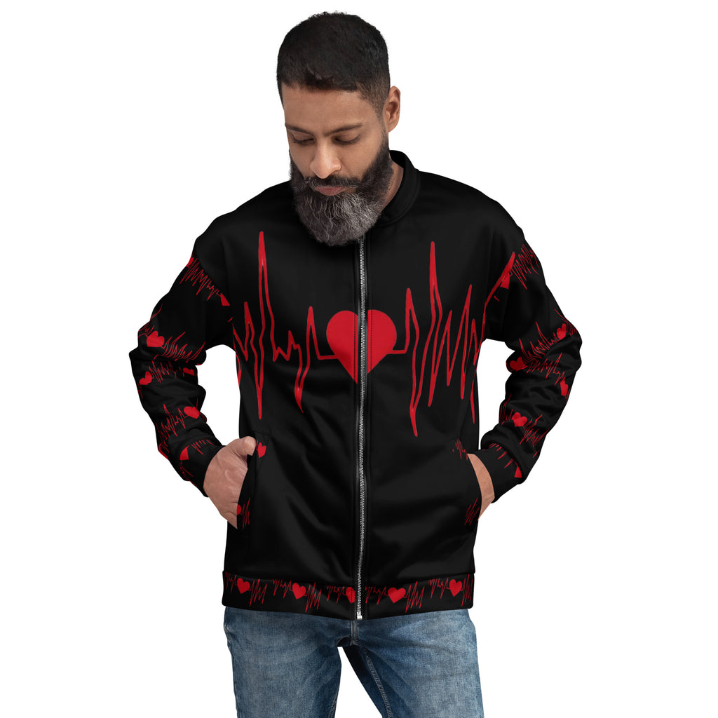 High-definition all-over print jacket showing a continuous red EKG line across the chest.