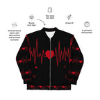 Detail of the ribbed cuffs and hem on an EKG line graphic bomber jacket.