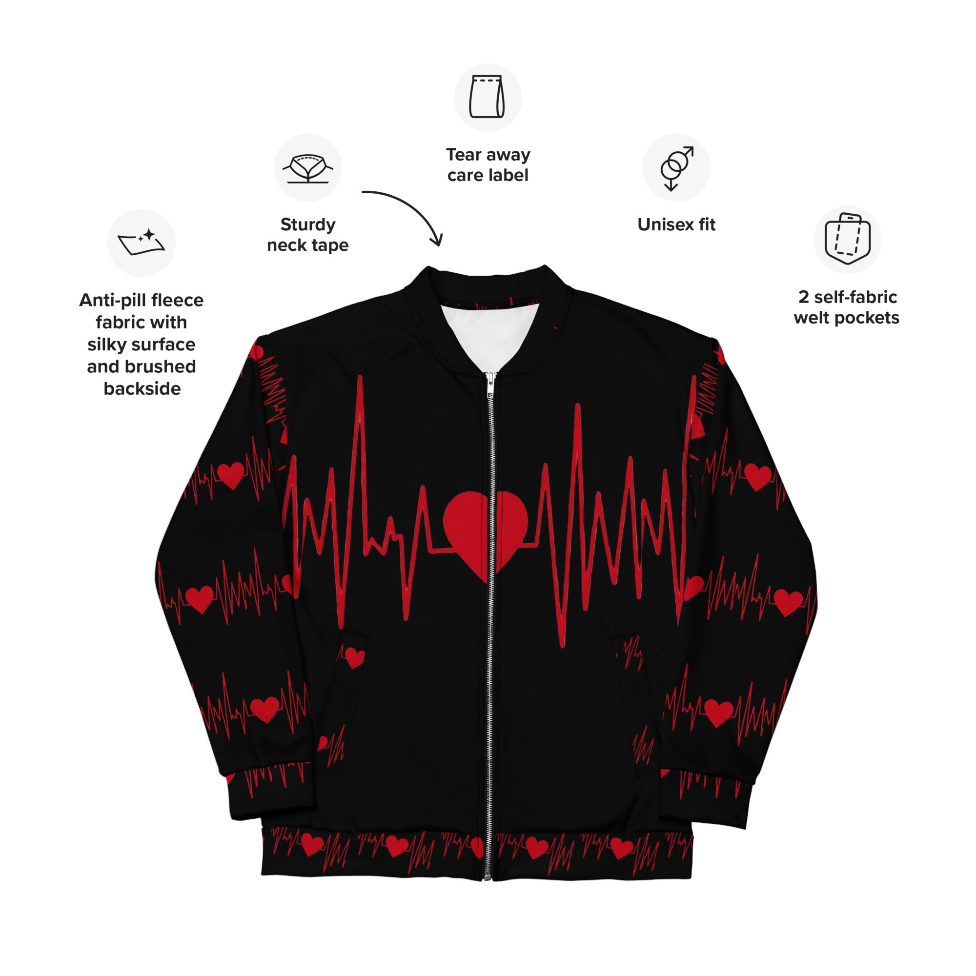 Detail of the ribbed cuffs and hem on an EKG line graphic bomber jacket.