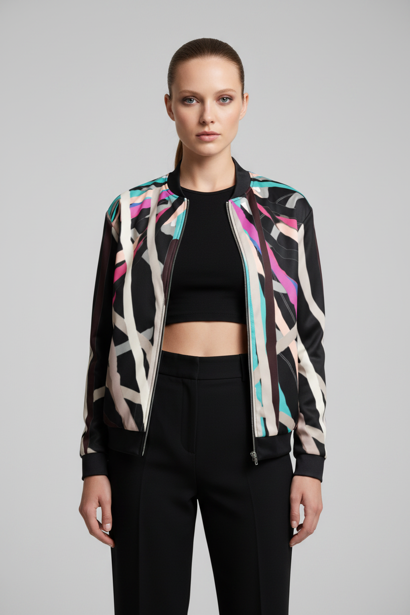 Person wearing a colorful jacket with abstract patterns on a gray background