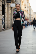 Woman in a colorful jacket and black pants walking on a city street.