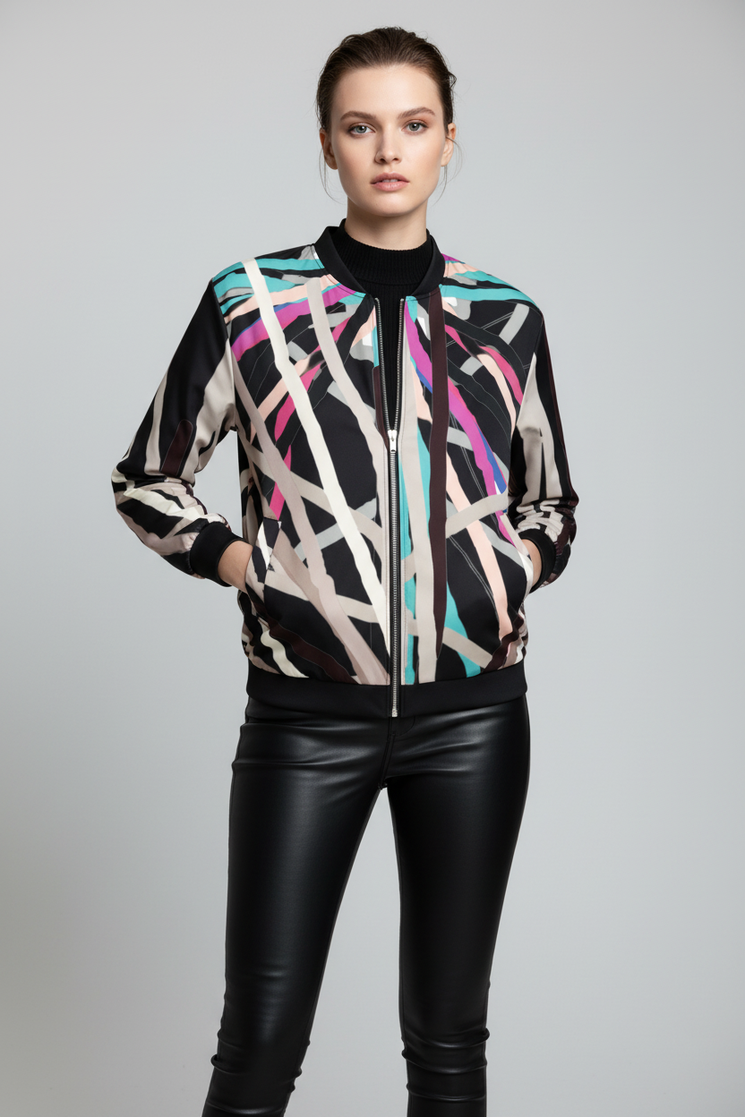 Woman wearing a colorful jacket with abstract patterns on a gray background