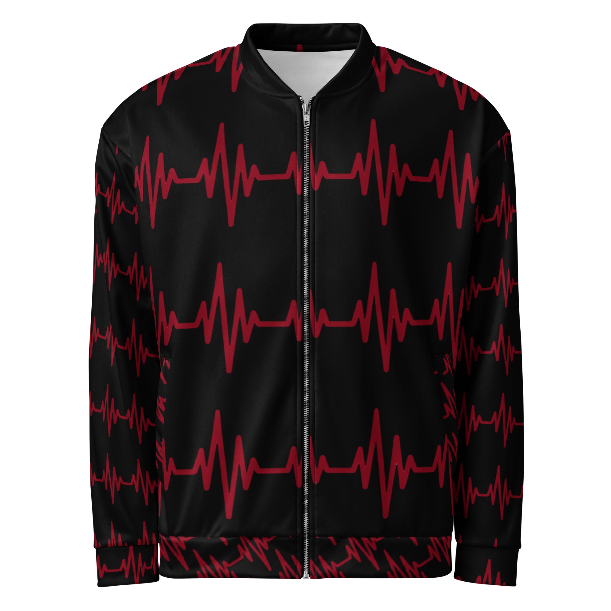 Apparelhue branding label inside the neck of the white heartbeat bomber jacket.