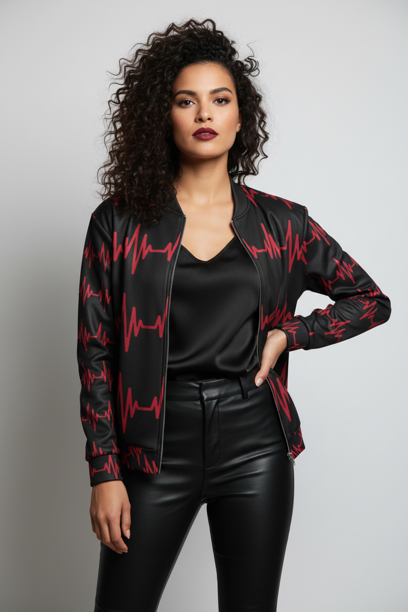 Woman wearing a black jacket with red patterns, black shirt, and black pants on a gray background