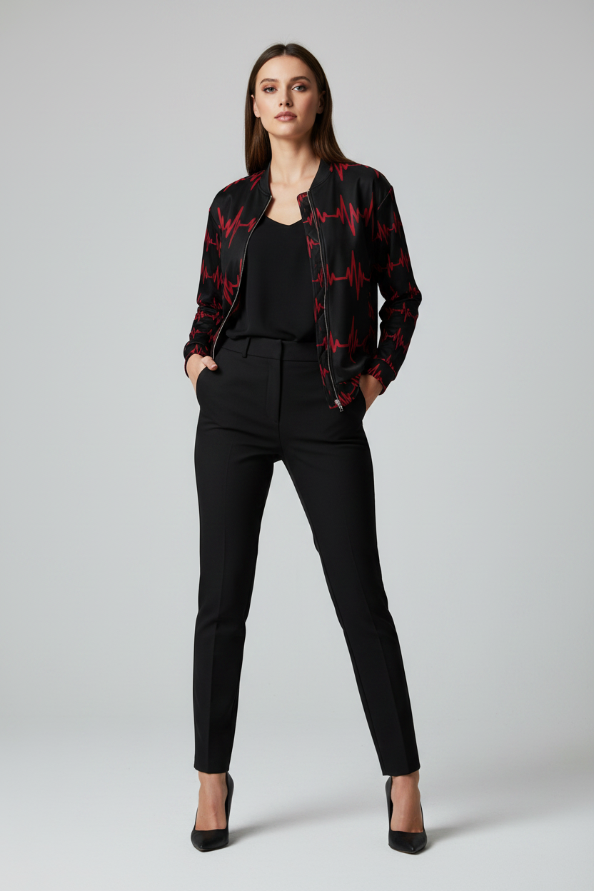 A woman modeling a black satin bomber jacket with a red EKG-style heartbeat pattern, paired with black trousers and heels, against a light gray studio background.