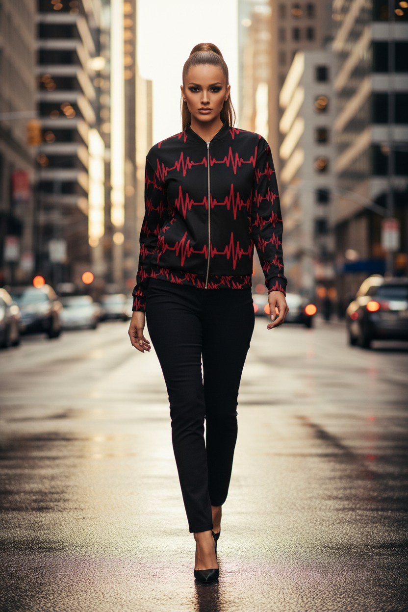 A woman walks down a wet city street wearing a black bomber-style jacket with a red heartbeat pattern, black pants, and black heels.