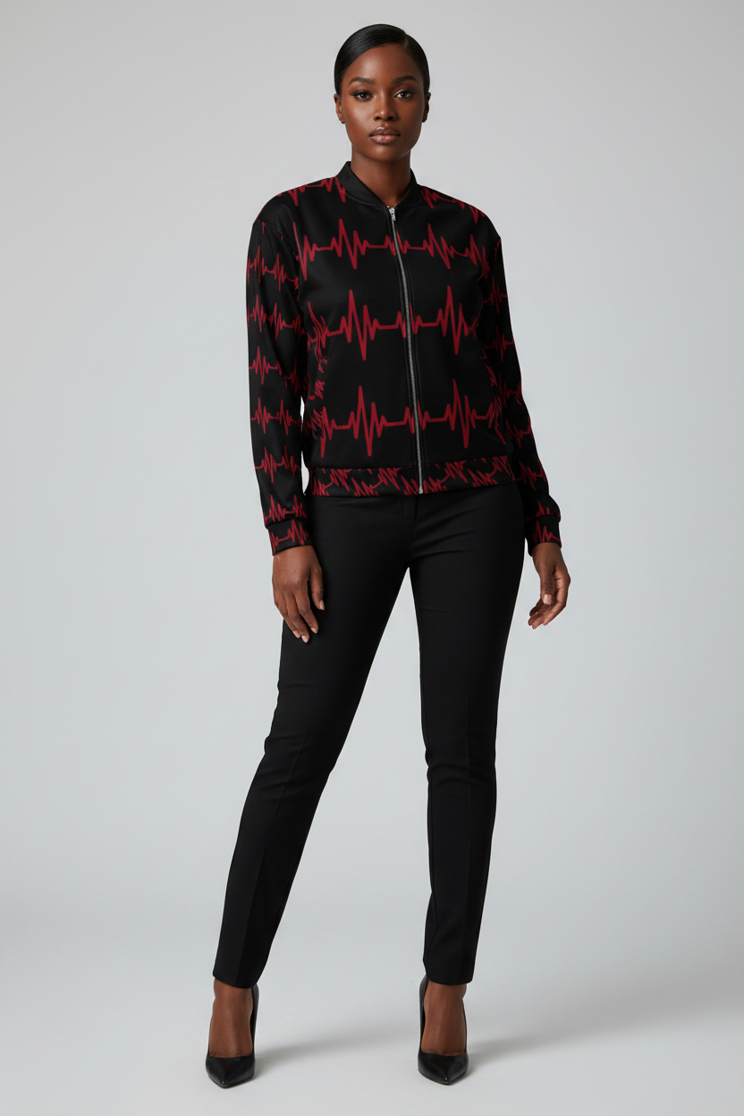 Person wearing a black and red patterned jacket with black pants on a white background
