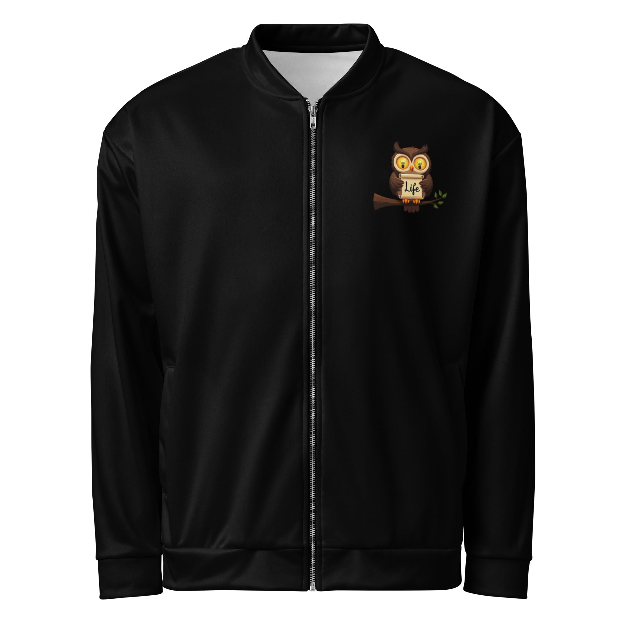Apparelhue Owl Graphic Bomber Jacket featuring white and grey all-over print.