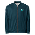 Front view owl bomber jacket blue and teal full-print design