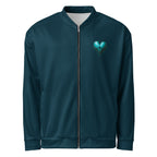 Front view owl bomber jacket blue and teal full-print design
