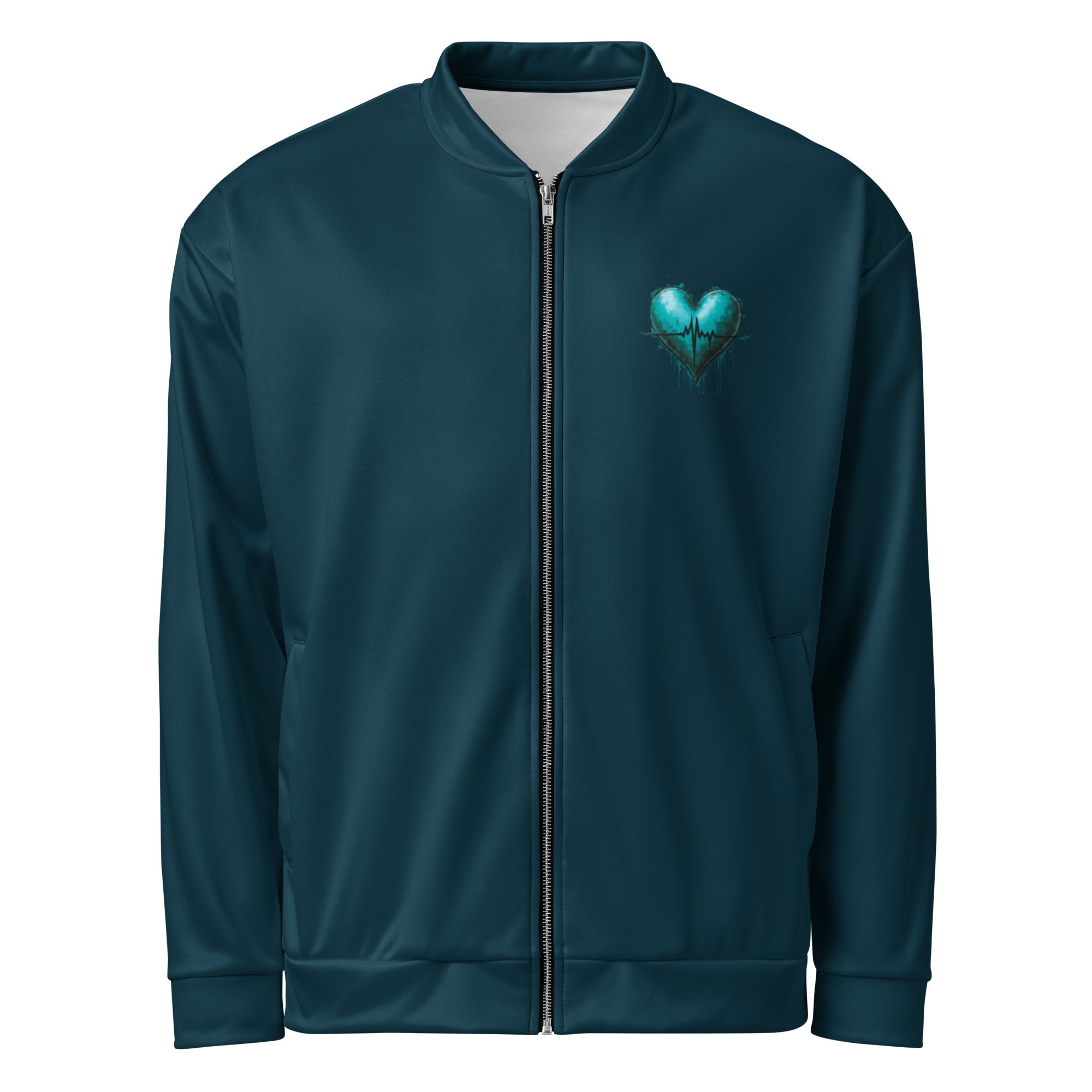 Front view owl bomber jacket blue and teal full-print design